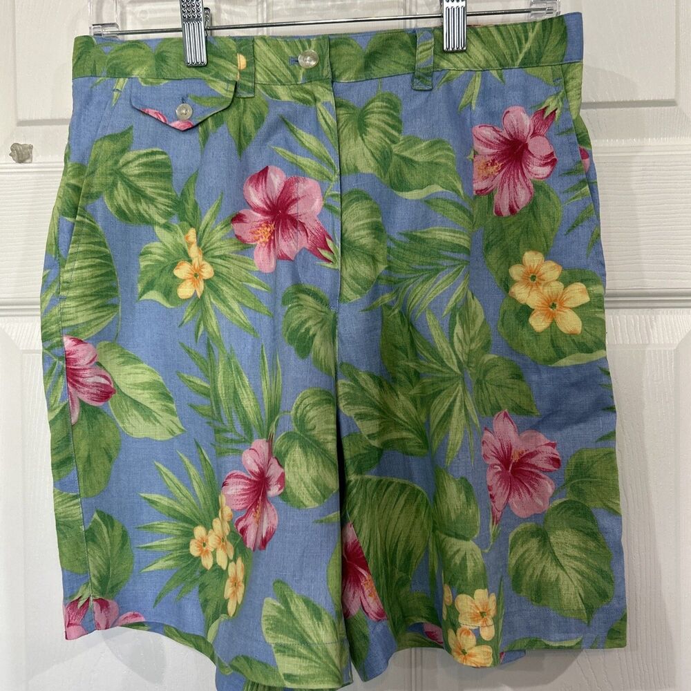 Ralph Lauren Vintage Women's Size 8 Hibiscus Floral Blue Linen Shorts High Waist